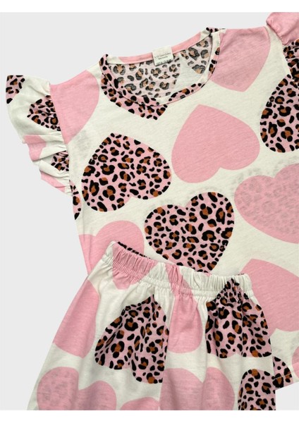 Kız Çocuk Pamuklu Pembe Kalp Leopar Desenli Kısa Kollu Şortlu Yazlık Pijama Takımı fiyatları
