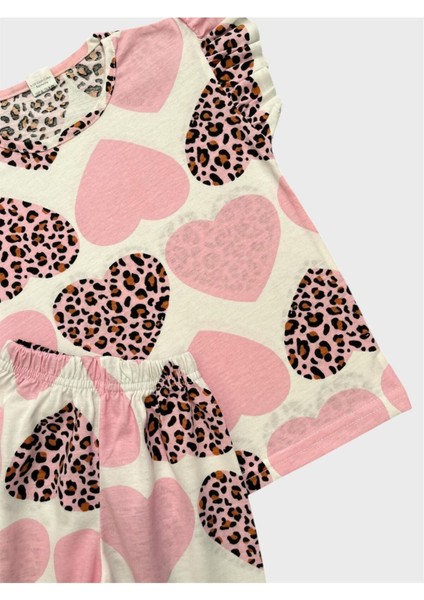Kız Çocuk Pamuklu Pembe Kalp Leopar Desenli Kısa Kollu Şortlu Yazlık Pijama Takımı modelleri