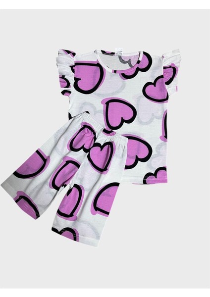 Kız Çocuk Pamuklu Beyaz Mor Kalp Desenli Kısa Kollu Şortlu Yazlık Pijama Takımı