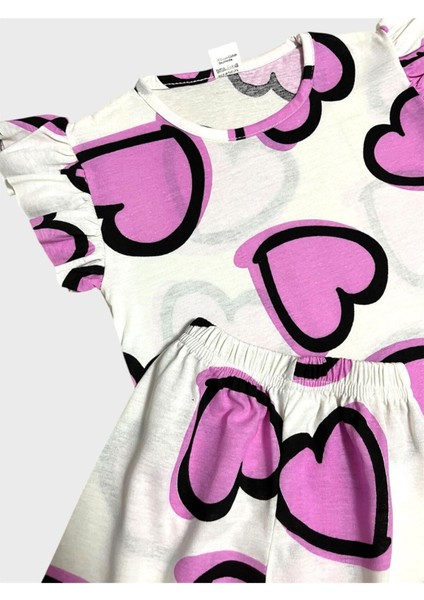Kız Çocuk Pamuklu Beyaz Mor Kalp Desenli Kısa Kollu Şortlu Yazlık Pijama Takımı fiyatları