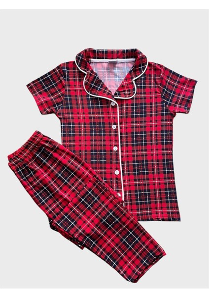 Kız Çocuk %100 Pamuklu Kırmızı Ekose Desen Milan Kumaş Gömlek Yaka Düğmeli Kısa Kollu Pijama Takımı