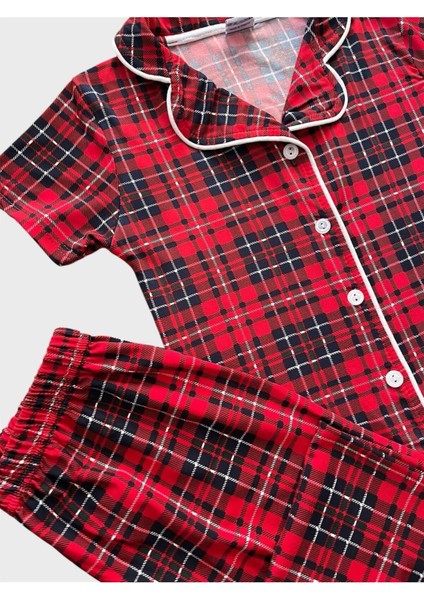 Kız Çocuk %100 Pamuklu Kırmızı Ekose Desen Milan Kumaş Gömlek Yaka Düğmeli Kısa Kollu Pijama Takımı fiyatları