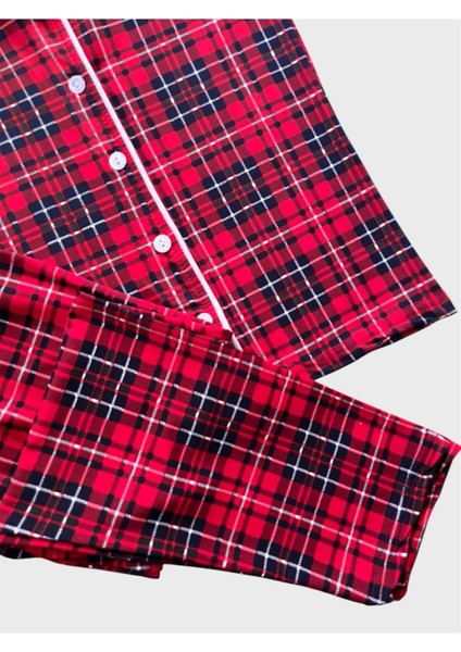 Kız Çocuk %100 Pamuklu Kırmızı Ekose Desen Milan Kumaş Gömlek Yaka Düğmeli Kısa Kollu Pijama Takımı modelleri