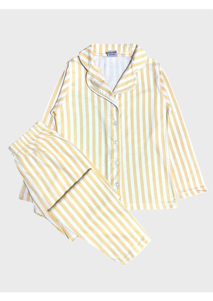 Kız Çocuk %100 Pamuklu Sarı Beyaz Çizgili Gömlek Yaka Boydan Düğmeli Mevsimlik Pijama Takımı