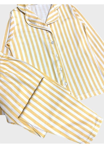 Kız Çocuk %100 Pamuklu Sarı Beyaz Çizgili Gömlek Yaka Boydan Düğmeli Mevsimlik Pijama Takımı fiyatları