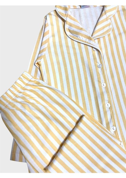 Kız Çocuk %100 Pamuklu Sarı Beyaz Çizgili Gömlek Yaka Boydan Düğmeli Mevsimlik Pijama Takımı modelleri