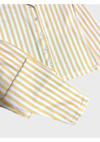 Kız Çocuk %100 Pamuklu Sarı Beyaz Çizgili Gömlek Yaka Boydan Düğmeli Mevsimlik Pijama Takımı fırsatları