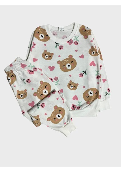 Kız Çocuk Pamuklu Ekru Ayıcık Kalp Çiçek Desenli Uzun Kollu Mevsimlik Pijama Takımı