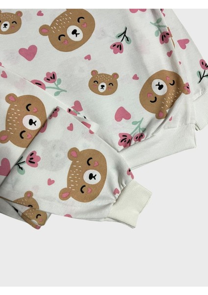 Kız Çocuk Pamuklu Ekru Ayıcık Kalp Çiçek Desenli Uzun Kollu Mevsimlik Pijama Takımı fiyatları