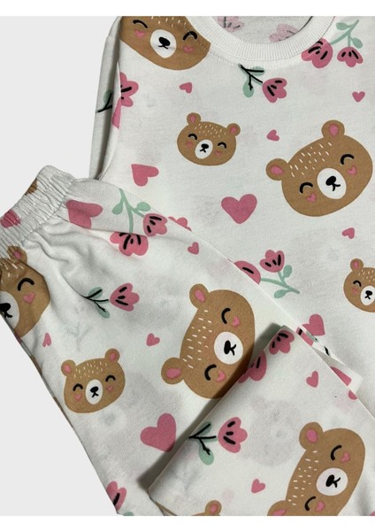 Kız Çocuk Pamuklu Ekru Ayıcık Kalp Çiçek Desenli Uzun Kollu Mevsimlik Pijama Takımı modelleri