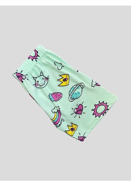 Kız Çocuk %100 Pamuklu Gökkuşağı Kedi Kalp Desenli Yeşil Kısa Kollu Şortlu Yazlık Pijama Takımı fırsatları