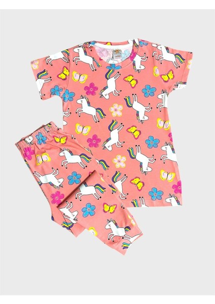 Kız Çocuk %100 Pamuklu Yavruağzı Unıcorn Kelebek Desenli Kısa Kollu Altı Uzun Yazlık Pijama Takımı