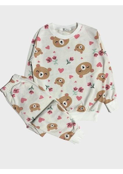 Kız Çocuk Beyaz Şardonlu Ayıcık Kalp Çiçek Uzun Kollu Pijama Takımı