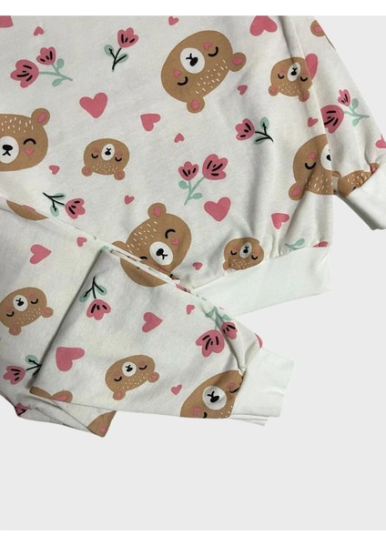 Kız Çocuk Beyaz Şardonlu Ayıcık Kalp Çiçek Uzun Kollu Pijama Takımı fiyatları