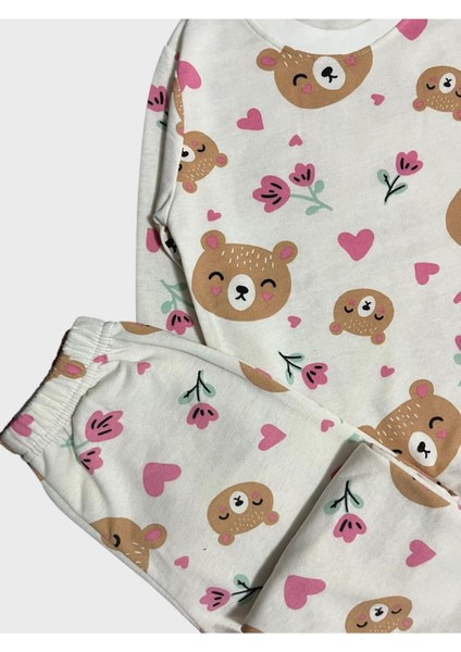 Kız Çocuk Beyaz Şardonlu Ayıcık Kalp Çiçek Uzun Kollu Pijama Takımı modelleri