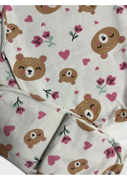 Kız Çocuk Beyaz Şardonlu Ayıcık Kalp Çiçek Uzun Kollu Pijama Takımı fırsatları