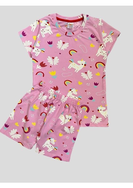 Kız Çocuk %100 Pamuklu Unıcorn Kelebek Gökkuşağı Desenli Kısa Kollu Şortlu Yazlık Pijama Takımı