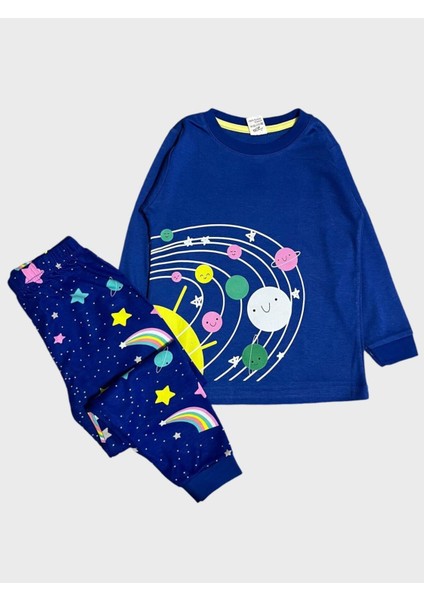 Kız Çocuk %100 Pamuklu Lacivert Gezegen Yıldız Desenli Uzun Kollu Pijama Takımı