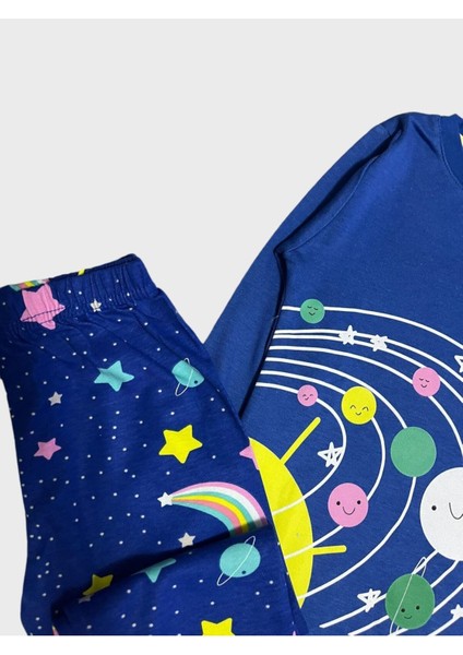 Kız Çocuk %100 Pamuklu Lacivert Gezegen Yıldız Desenli Uzun Kollu Pijama Takımı fiyatları