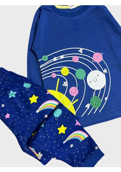 Kız Çocuk %100 Pamuklu Lacivert Gezegen Yıldız Desenli Uzun Kollu Pijama Takımı modelleri