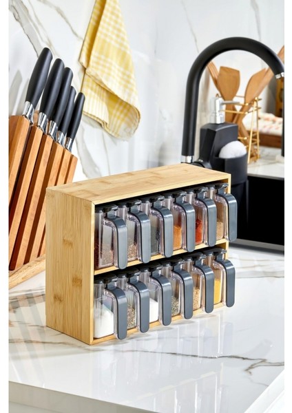 Bambu Standlı Bölmeli Kapaklı Ve kaşıklı 12 Li Şeffaf Baharatlık