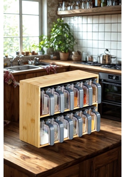 Bambu Standlı Bölmeli Kapaklı Ve kaşıklı 12 Li Şeffaf Baharatlık fiyatları