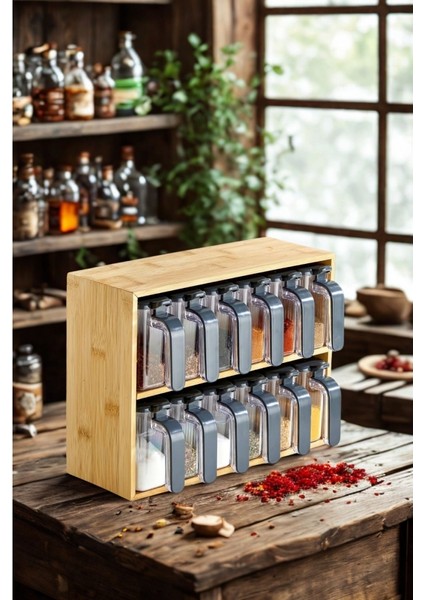Bambu Standlı Bölmeli Kapaklı Ve kaşıklı 12 Li Şeffaf Baharatlık modelleri
