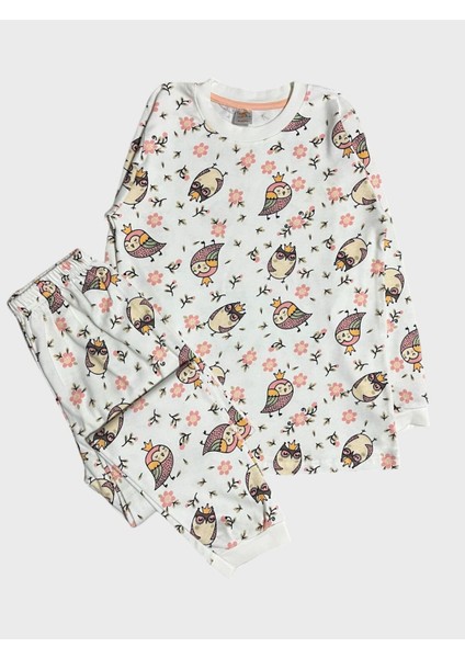 Kız Çocuk %100 Pamuklu Beyaz Baykuş Çiçek Desenli Uzun Kollu Kışlık Pijama Takımı