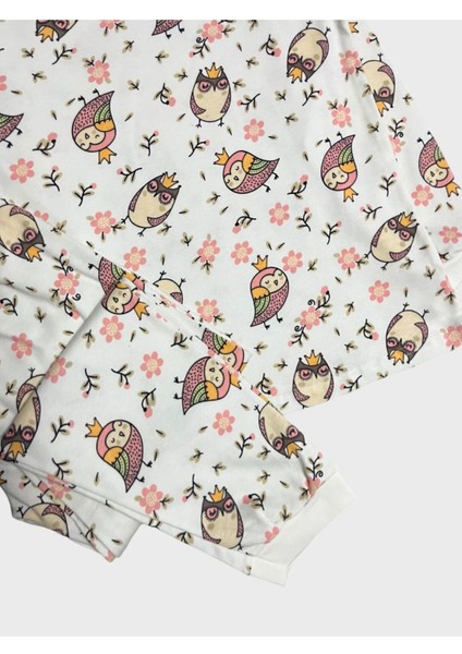 Kız Çocuk %100 Pamuklu Beyaz Baykuş Çiçek Desenli Uzun Kollu Kışlık Pijama Takımı modelleri
