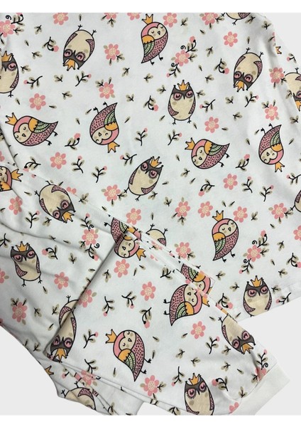 Kız Çocuk %100 Pamuklu Beyaz Baykuş Çiçek Desenli Uzun Kollu Kışlık Pijama Takımı fırsatları