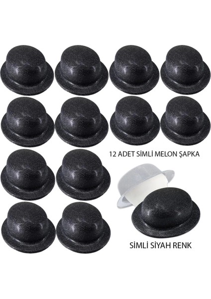 Bfs siyah Renk Simli Melon Yuvarlak Parti Şapkası 12 Adet
