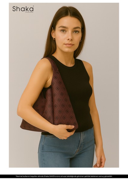 Monogram Baskılı Bordo SHK19 Suni Deri, Çıtçıtlı, Tek Bölmeli, Fermuarlı Makyaj Çantalı, El, Kol ve Omuz Çantası