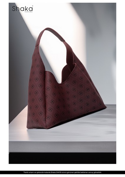 Monogram Baskılı Bordo SHK19 Suni Deri, Çıtçıtlı, Tek Bölmeli, Fermuarlı Makyaj Çantalı, El, Kol ve Omuz Çantası