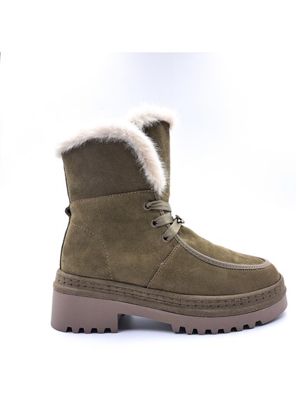 G25K433 Hakiki Süet Deri Içi Hakiki Kuzu Kürk Haki Yeşil Kadın Bot