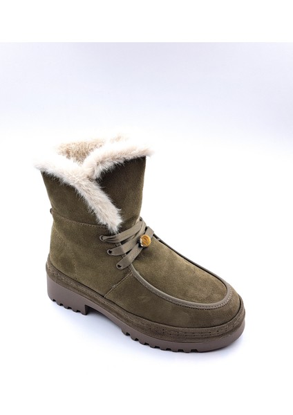 G25K433 Hakiki Süet Deri Içi Hakiki Kuzu Kürk Haki Yeşil Kadın Bot fırsatları