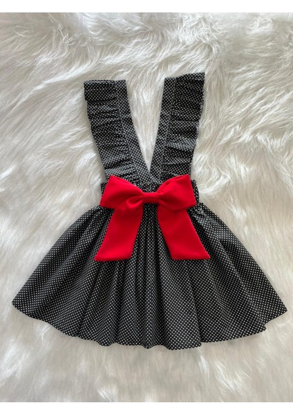 Kız Çocuk Siyah Beyaz Puantiye Kırmızı Fiyonklu Fırfır Askılı Salopet Elbise (%100 Pamuk Kumaş)
