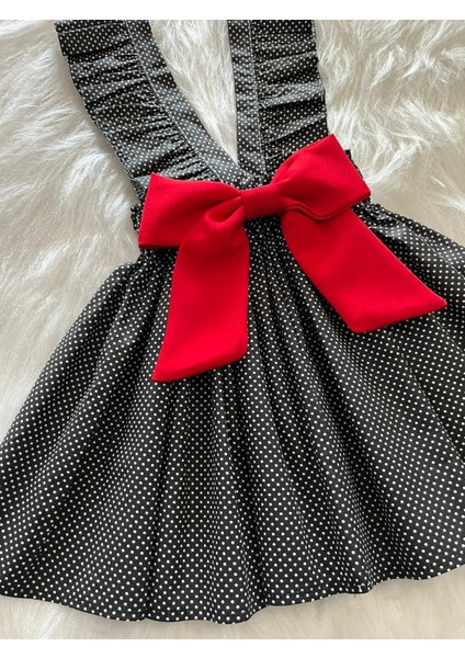 Kız Çocuk Siyah Beyaz Puantiye Kırmızı Fiyonklu Fırfır Askılı Salopet Elbise (%100 Pamuk Kumaş) fiyatları