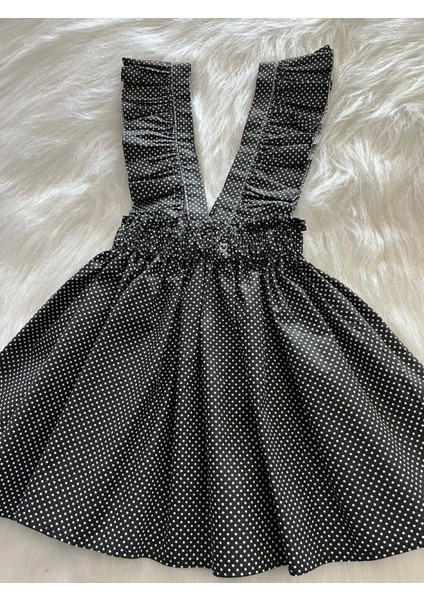 Kız Çocuk Siyah Beyaz Puantiye Kırmızı Fiyonklu Fırfır Askılı Salopet Elbise (%100 Pamuk Kumaş) modelleri