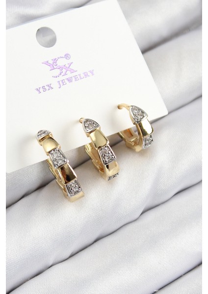 Mulvxxmd XDN02 Pirinç Zirkon Taşlı 3'lü Halka Model Gold ve Renk Kadın Küpe (Mulvix)