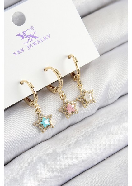 Mulvxxmd XDN02 Pirinç Zirkon Taşlı 3'lü Renkli Yıldız Model Gold Renk Kadın Küpe (Mulvix)