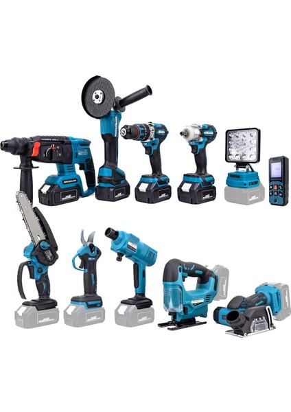 Chelikbei EEA458 Akülü 11LI Set (Led Işık, Lazer Metre, Somun Sıkma, Dekupaj, Oto Yıkama, Dal Makası, Dal Budama Testere, Darbeli Vidalama, Spral, Kırıcı Delici Matkap, Çok Fonksiyonlu Taşlama)