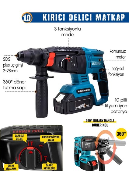 Chelikbei EEA458 Akülü 11LI Set (Led Işık, Lazer Metre, Somun Sıkma, Dekupaj, Oto Yıkama, Dal Makası, Dal Budama Testere, Darbeli Vidalama, Spral, Kırıcı Delici Matkap, Çok Fonksiyonlu Taşlama) indirimleri