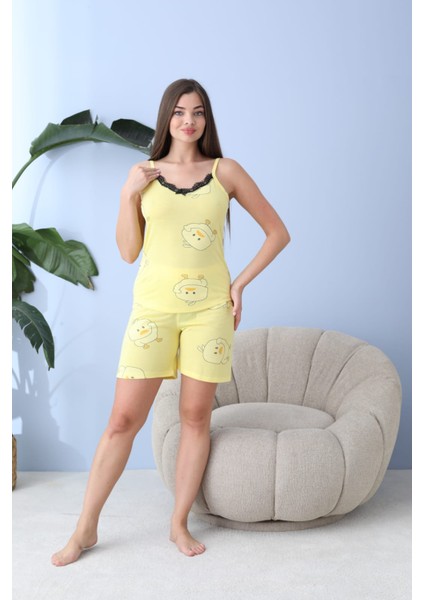 Lindros Bambu Ip Askılı Dantel Detaylı Civciv Desenli Kısa Şhortlu Ikili Takım