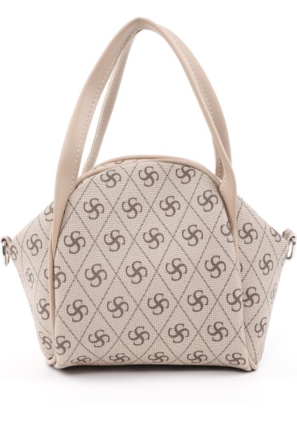 Monogram Baskılı Vizon SHK132 Suni Deri, Fermuarlı Tek Bölmeli, Çıtçıt Detaylı ,askılı El ve Çapraz Omuz Çantası