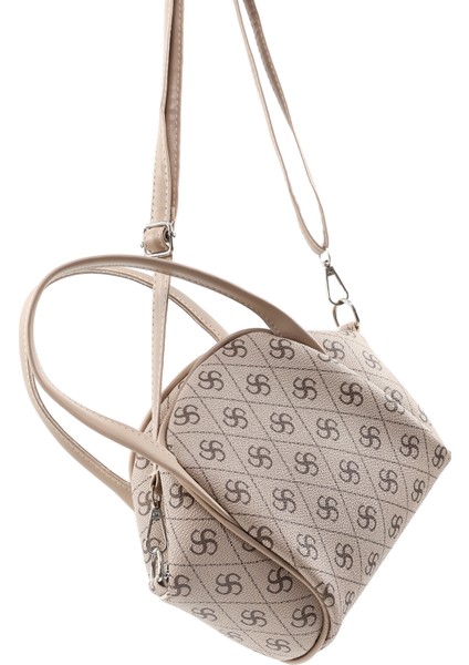 Monogram Baskılı Vizon SHK132 Suni Deri, Fermuarlı Tek Bölmeli, Çıtçıt Detaylı ,askılı El ve Çapraz Omuz Çantası