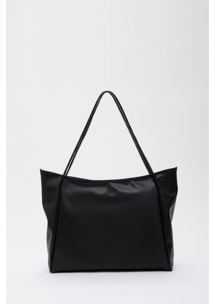 Siyah SHK90 Suni Deri Iç Bölmeli Fermuarlı El, Kol ve Omuz Shopper Çanta