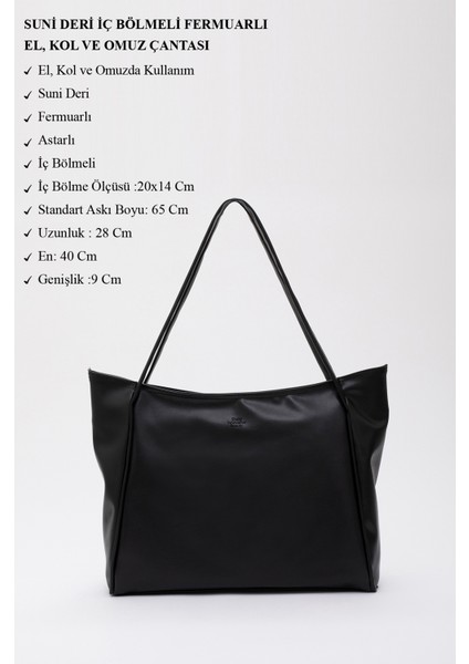 Siyah SHK90 Suni Deri Iç Bölmeli Fermuarlı El, Kol ve Omuz Shopper Çanta modelleri