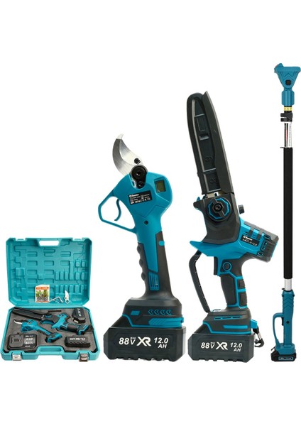 PH295 Profesyonel 3lü Bahçe Seti Akülü Uzatma Kollu Dijital Göstergeli 50MM Dal Budama Makası ve 20CM Dal Budama Testeresi 88VMAX