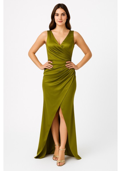 Yırtmaç Detaylı Drapeli Saten Abiye & Renk Varyantlı fırsatları