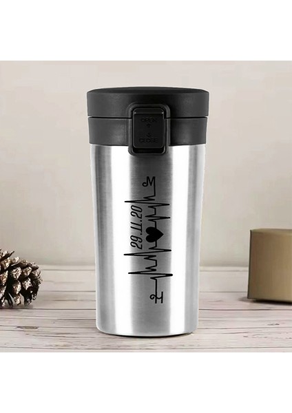 Kişiye Özel Paslanmaz Çelik 380 ml Vakumlu Kalp Ritmi Baskılı Termos - Isı Yalıtımlı, Sızdırmaz Kapak